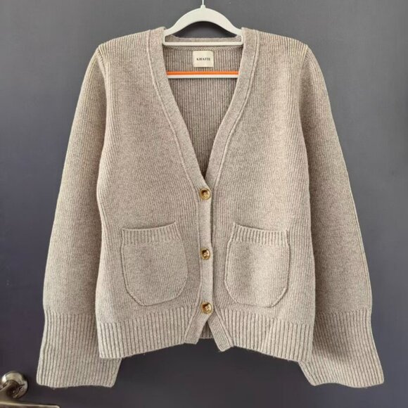 Khaite Beige Wool Cardigan Sweater V-Neck with Patch Pockets - Picture 1 of 9